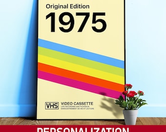 VHS retro poster — Personalized 1975 print. Retrowave vintage cassette cover, Wall art custom year Gift 1970s, Custom gift
