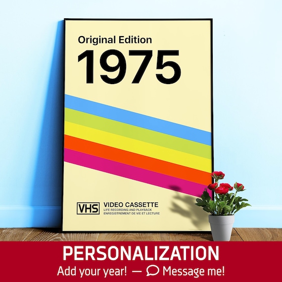 VHS retro poster — Personalized 1975 print. Retrowave vintage cassette cover, Wall art custom year Gift 1970s, Custom gift