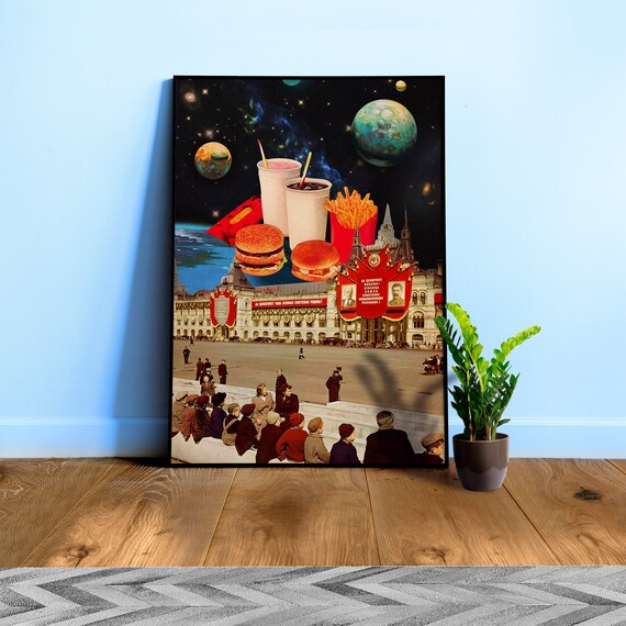 Soviets & Space Burgers, 1950s collage — space vintage retro collage art, 50s futuristic sci-fi collage, surreal collage art, Soviet poster
