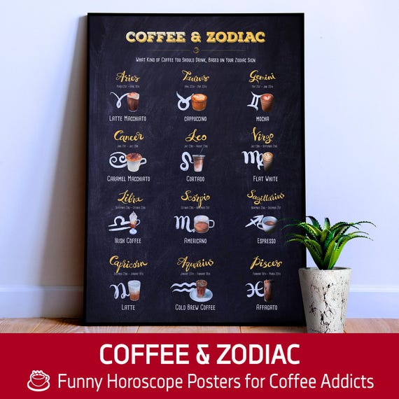 Funny ◾ Coffee Zodiac Poster – Astrology kitchen print #4, zodiac sign art, coffee bar decor, horoscope gift, funny coffee wall poster