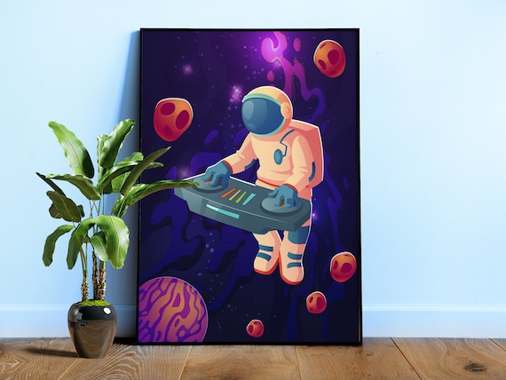 Astronaut DJ Poster - Funny retro space print, synthwave music wall art, 80s cosmic party decor, DJ gift idea, synthwave wall art