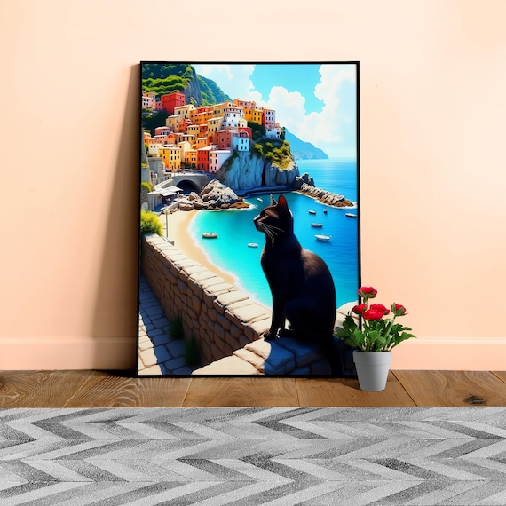 Black Cat Poster β Mediterranean Wall Art, Italy Coast Print / Seaside Cat Painting, Coastal Home Decor, Summer Travel Poster