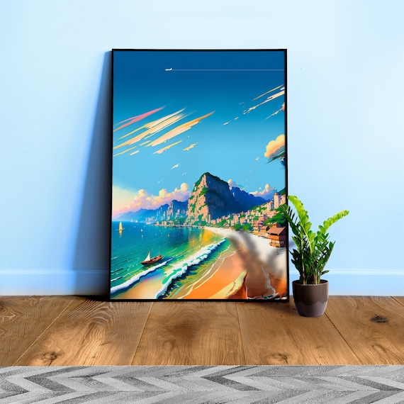 Japan, Okinawa, fishing village on the bay — City Pop art, anime landscape poster, retrowave/vaporwave poster, 80s, panoramic poster