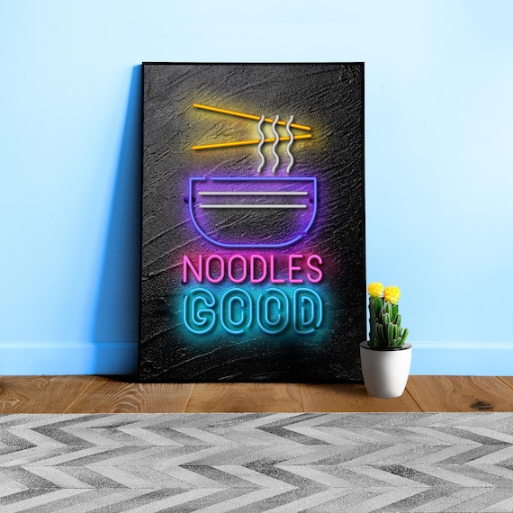 Retro Neon Food Sign Poster: Noodles — Neon Food Sign. Wall Art for Kitchen or Cafe Decor, Restaurant Print Gift