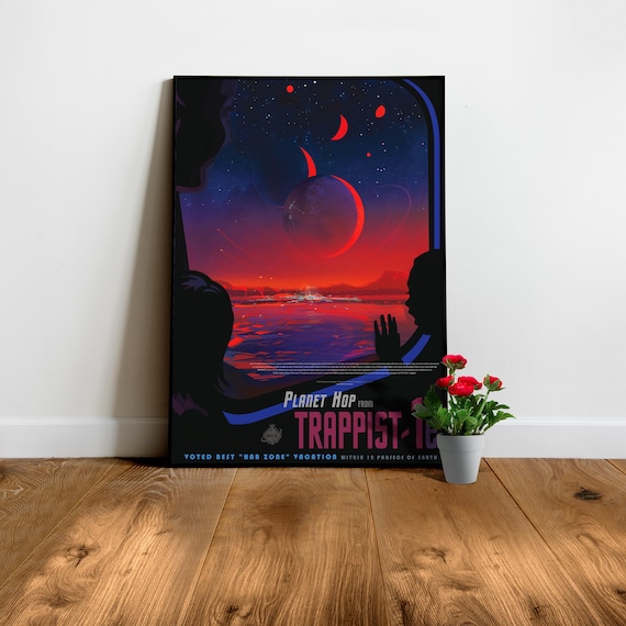 Planet Trapist-1e — Retro space travel poster. Vintage 1950s space print, 1960s wall decor and nerdy gift for him