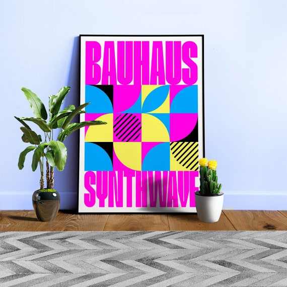 Bauhaus Synthwave #1 poster (fuchsia/magenta-blue) — abstract poster, retrowave print, vaporwave geometric art, 1980s print,1930s wall decor