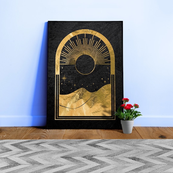 Mystical Gold Moon: Sun & mountain — tarot card, art deco poster, esoteric poster, spiritual art print, retro poster