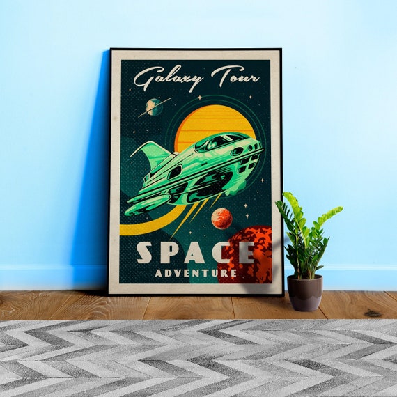 Galaxy Tour. Space adventure — Vintage space poster, retro space art, propaganda poster, retrofuturism, retro sci-fi
