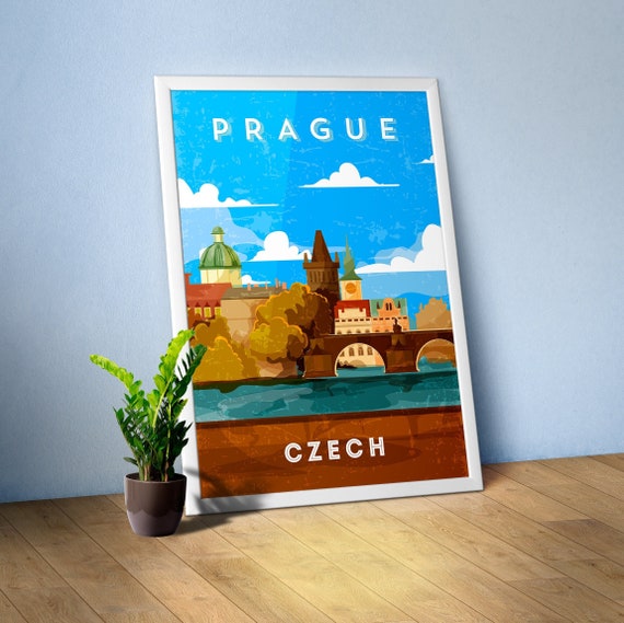 Prague, Czech — Retro travel minimalist poster, retro travel art, retro travel wall art, vector art