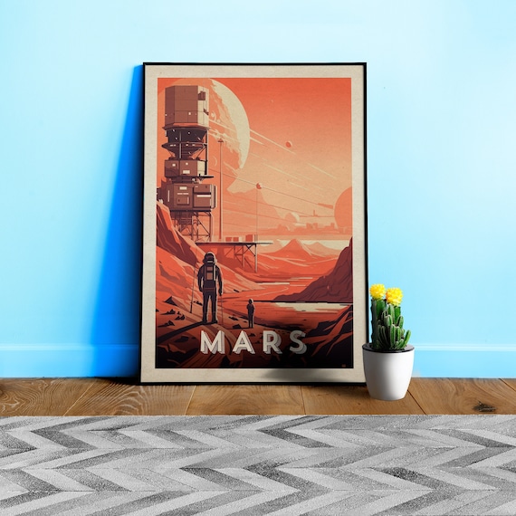 Mars, colony, astronaut — Vintage space poster, retro space art, propaganda poster, retrofuturism, retro sci-fi