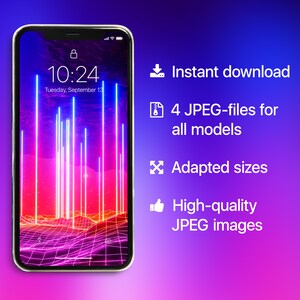 May include: A digital illustration of a retro-style phone screen with a neon pink and blue landscape. The time is 10:24 and the date is Tuesday, September 13. The image is for a digital download of 4 JPEG files for all phone models.