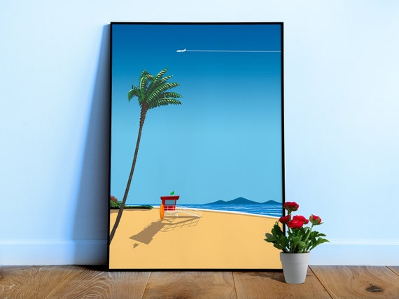 Ibiza, Spain. Serene beach, tropical chillout — City Pop art, retrowave/vaporwave poster, 80s, aesthetic poster, Hiroshi Nagai inspired art