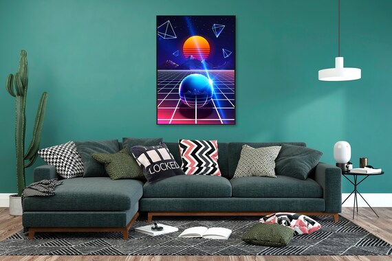 Neon sunset, mountain, sphere [synthwave/vaporwave/cyberpunk] — anime poster, aesthetic poster, space print, video game poster, neon light
