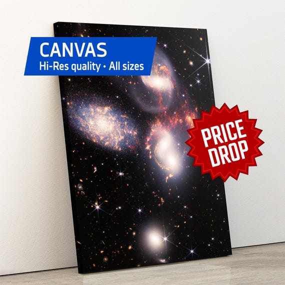 Stephan’s Quintet. Hickson Compact Group 92 (James Webb/JWST) — Canvas. Space poster, science poster, space photo, space art, nerdy gift