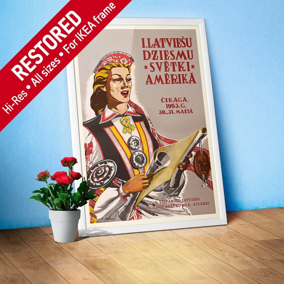 Latvia retro poster, 1953 — retro vintage travel poster, retro travel art, retro travel wall art