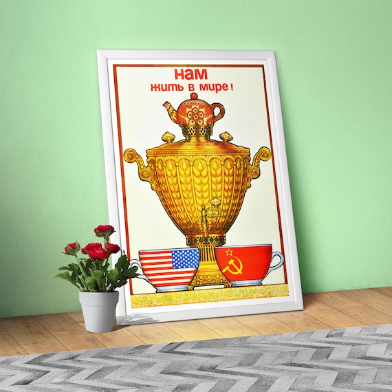 Soviet Tea Poster: USSR+USA — Vintage Kitchen Wall Art Print, Retro USSR Food Design, Russia 1980s, Propaganda Cold war, gift for tea lover