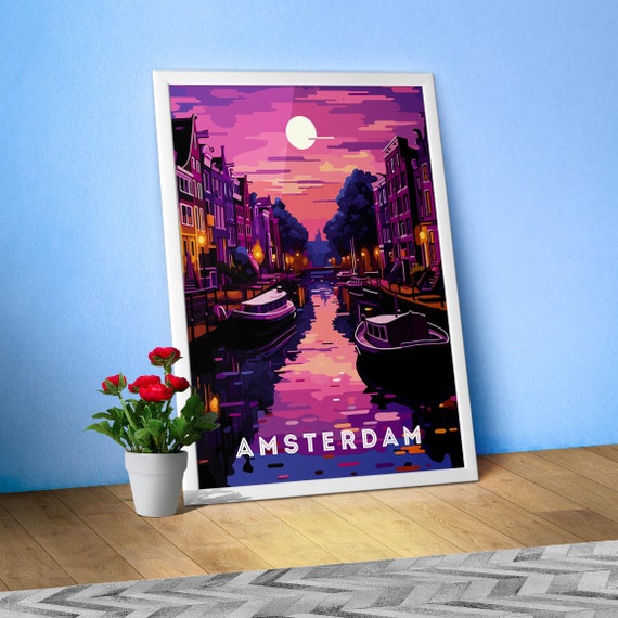 Amsterdam, Netherlands/Holland — Retro travel minimalist poster, retro travel art, retro travel wall art, vector art