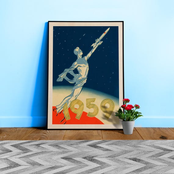 Soviet space, USSR 1959 — Soviet space poster, retro Soviet art, vintage space print, propaganda poster
