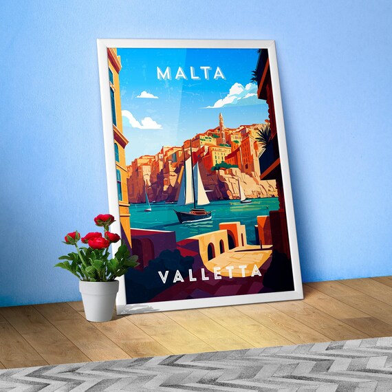 Malta, Valletta — Retro travel minimalist poster, retro travel art, retro travel wall art, vector art