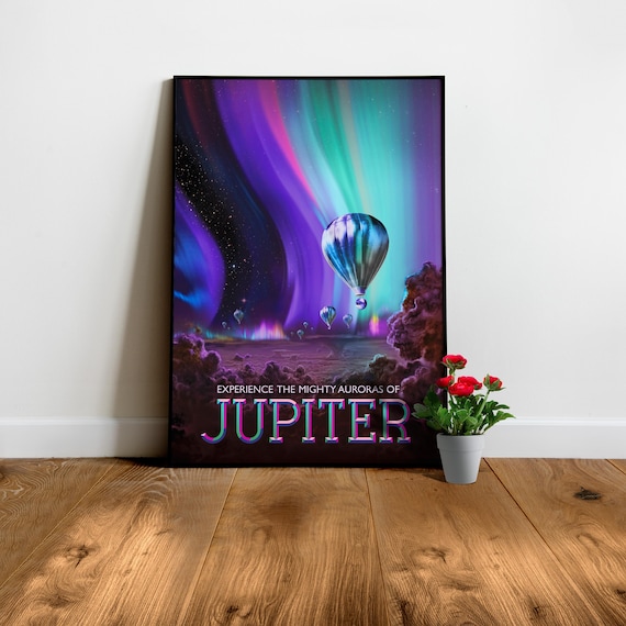 Auroras of Jupiter — Retro space poster. Vintage 1950s space travel art print with exoplanets, neon poster, vaporwave vibe, nerdy gift