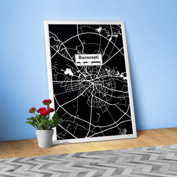 București, Romania City Map Poster — Romania art print, Black White art ∎ Hand Drawn Street Map, Modern Urban wall decor, Travel Gift