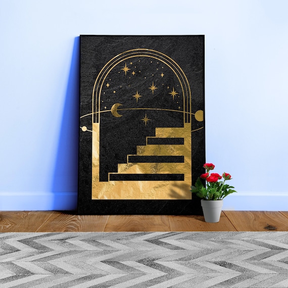 Mystical Gold Moon: Solar system — tarot card, art deco poster, esoteric poster, spiritual art print, retro poster