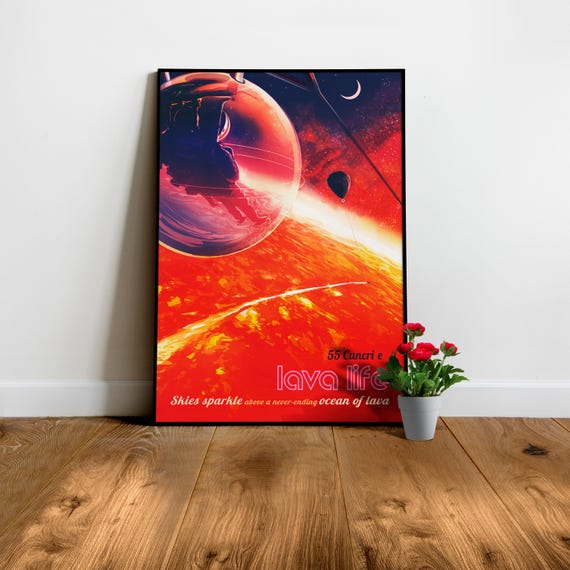 Planet 55 Cancri e, Lava life — Retro space poster. Science art print, Vintage 1950s space wall decor, Retro sci-fi 1960s, gift for geeks