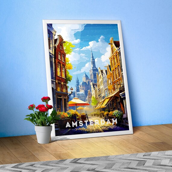 Amsterdam, Netherlands/Holland — Retro travel minimalist poster, retro travel art, retro travel wall art, vector art