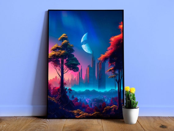 Neon cyberpunk city in a forest (Star Wars/Blade Runner style) — surreal space collage art, cosmic futuristic sci-fi collage