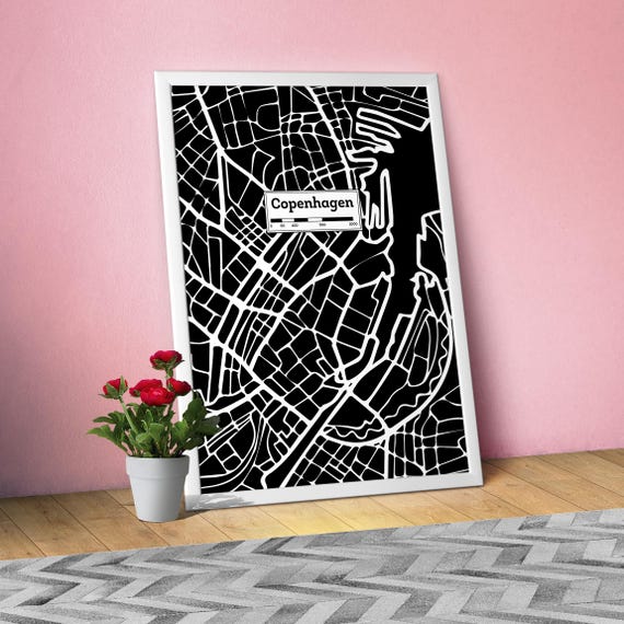 Copenhagen, Hand Drawn City Map Poster — Black White Modern Urban Art, Print for Travel Lovers and Minimalist Wall Decor, Black city poster