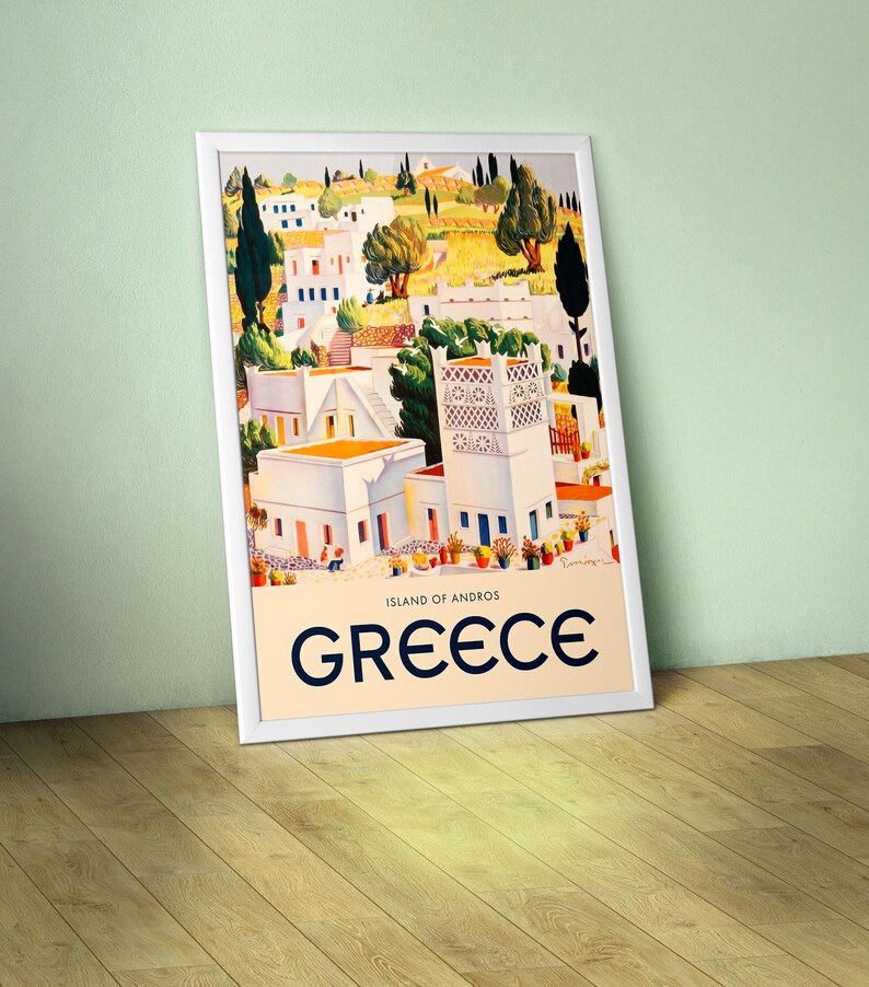 Greece Andros, 1940s — Retro travel poster, Vintage travel art print, Greek retro travel wall decor