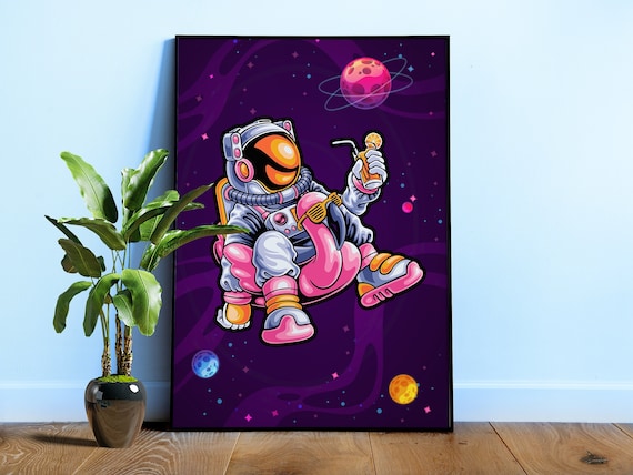 Funny Astronaut Poster: Relaxing astronaut — Retro space print, surreal moon art, galaxy wall decor, astronaut gift, 80s neon aesthetic