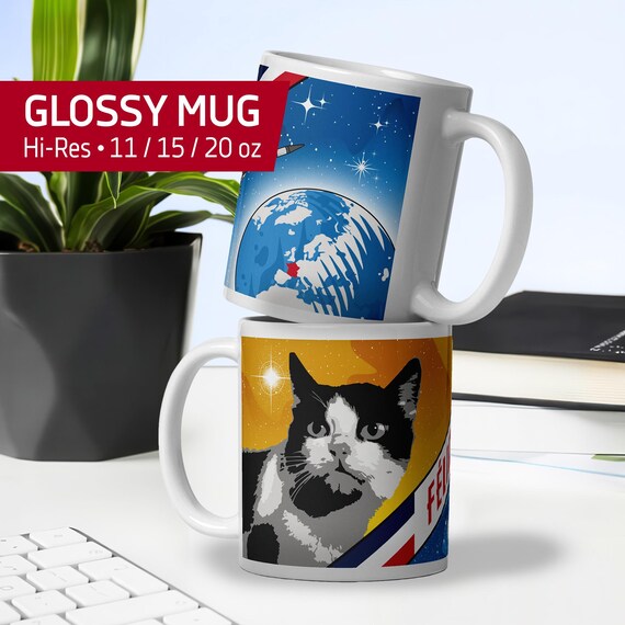 Felicette Space Cat Mug — First Cat in Space, France 1963 Retro Space Art, French Vintage Poster Design — White Glossy Mug