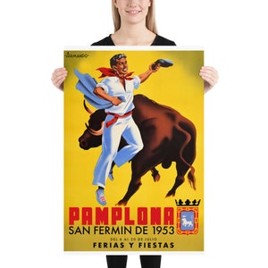 Spain, Pamplona, San-Fermin, 1953 [RESTORED] — Retro corrida travel poster, vintage travel art, retro travel wall art