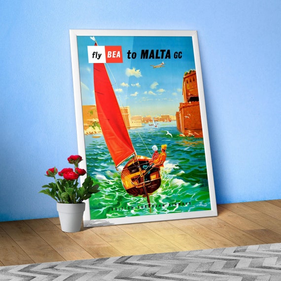 Fly to Malta, BEA, 1950s — retro travel poster, vintage travel print, retro travel wall art, retro wall art, travel wall decor