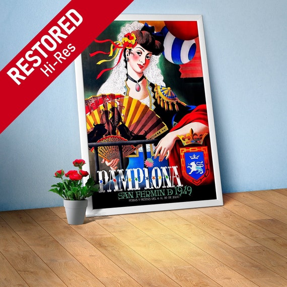 Spain poster, Pamplona, San-Fermin 1949 — corrida retro travel poster, vintage travel poster, toreador print, torero wall decor