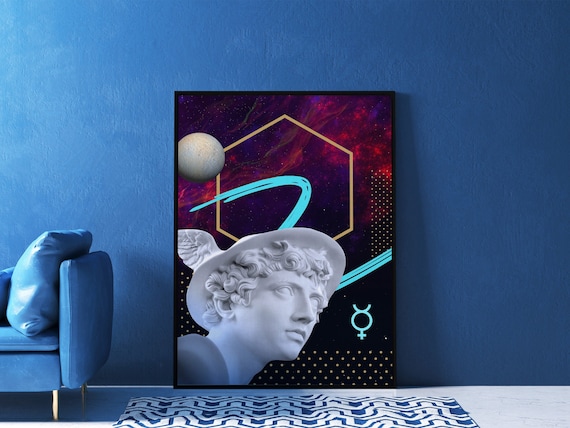 Mercury God and Planet Poster – Synthwave mythology wall art, vaporwave decor, cosmic neon print, space aesthetic poster, 80s retro art