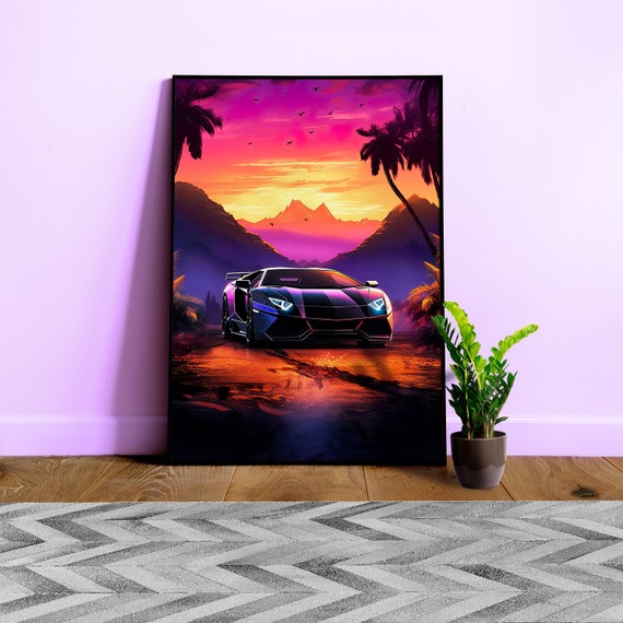 Synthwave aesthetic sport car poster [synthwave/vaporwave/cyberpunk] — anime poster, aesthetic art print, video game poster, neon light