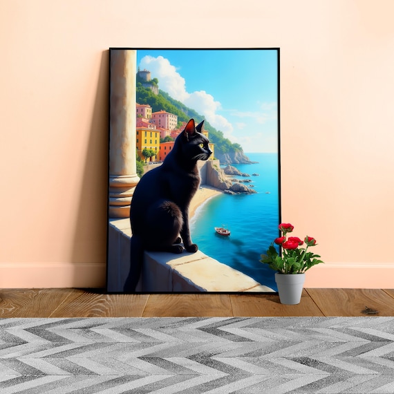Mediterranean black cat on seaside poster β Black Cat Wall Art, Italy Coast Print / Seaside Village Home Decor, Cat Lover Painting
