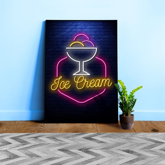 Neon Ice Cream, Neon Sign Poster — Retro bar wall art, glowing pub decor, kitchen print for beer lovers, ice cream sign