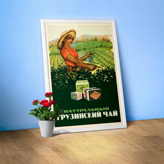 Soviet Georgian tea, USSR/Sakartvelo/საქართველო, 1956 — Soviet tea poster, vintage kitchen prints, vintage tea print, propaganda poster, 50s