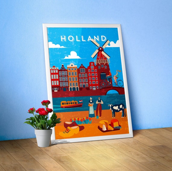 Amsterdam, Netherlands/Holland — Retro travel minimalist poster, retro travel art, retro travel wall art, vector art