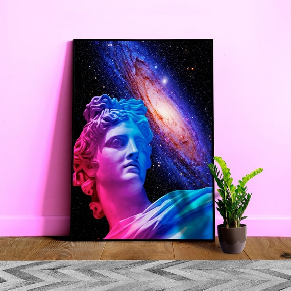 Vaporwave Apollo Bust poster — Neon Greek Statue & Andromeda Galaxy — Milky Way galaxy, Retro-Futuristic Aesthetic Wall Art, Cyberpunk Decor