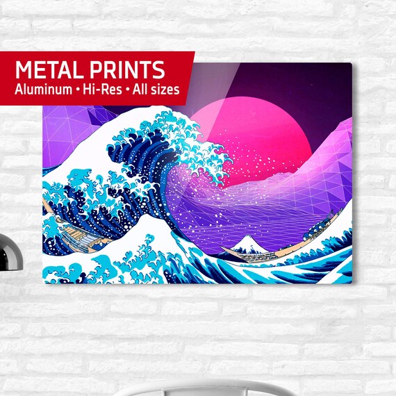 Synthwave Space: The Great Wave off Kanagawa [synthwave/vaporwave] — Metal prints. Aesthetic poster, retrowave poster, neon poster