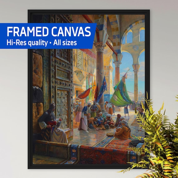 Forecourt of the Umayyad Mosque, Damascus 1890 — Framed canvas, Gustav Bauernfeind. Muslim Prayer Scene, Orientalist Poster,Islamic City Art