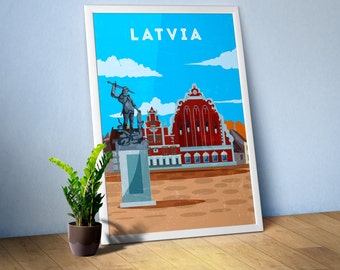 Latvia, Riga — Retro travel minimalist poster, retro travel art, retro travel wall art, vector art