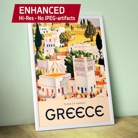 Greece Andros, 1940s — Retro travel poster, Vintage travel art print, Greek retro travel wall decor