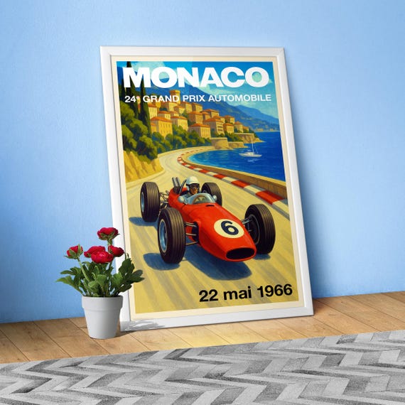 Monaco Vintage F1 Grand Prix 1966 Art Poster — Auto Racing Wall Art, Formula 1 Print, Retro Motorsport Decor, Gift for Him, retro travel art