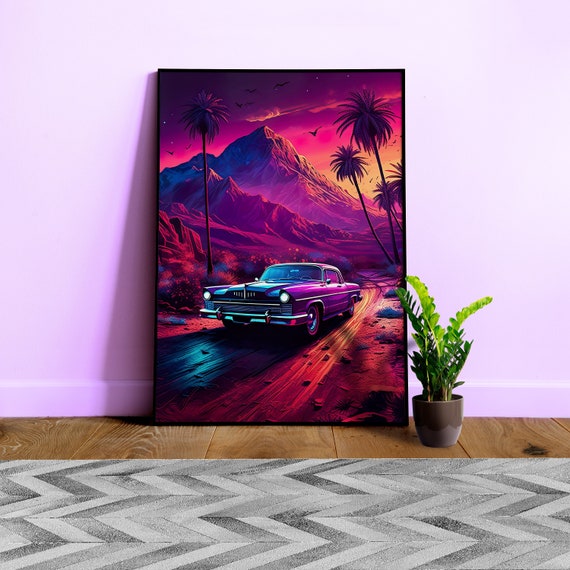 Synthwave aesthetic retro 60s car poster  [synthwave/vaporwave/cyberpunk] — anime poster, aesthetic art print, video game poster, neon light