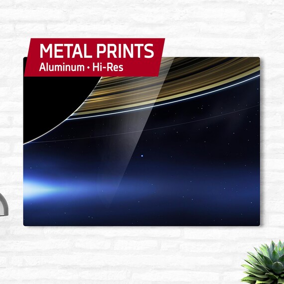 Pale Blue Dot metal wall art • NASA Cassini mission, Saturn's rings and Earth, 2013 — Metal print. Space poster, science wall decor, gift